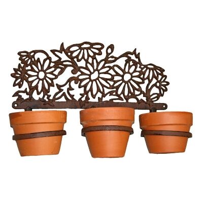 Daisies Cast Iron 3 Ring Wall Pot Holder, Antique Rust