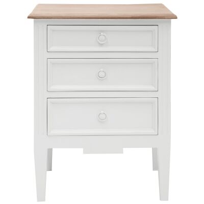 Belley Hand Crafted Mahogany Timber 3 Drawer Bedside Table, White / Weathered Oak