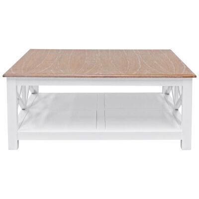 Belley Hand Crafted Mindi Wood Coffee Table with Shelf, 110cm, White / Weathered Oak