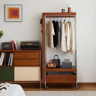 Muse Boxwood & Stainless Steel Mobile Clothes Rack with Pegboard & Megazine Rack