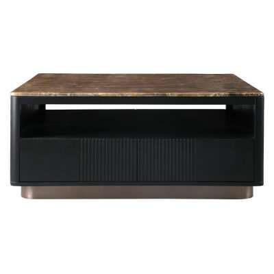 Lithoria Marble & Oak Timber Square Coffee Table, 100cm, Brown / Black