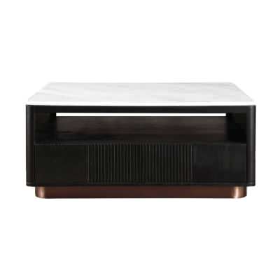 Lithoria Marble & Oak Timber Square Coffee Table, 100cm, White / Black