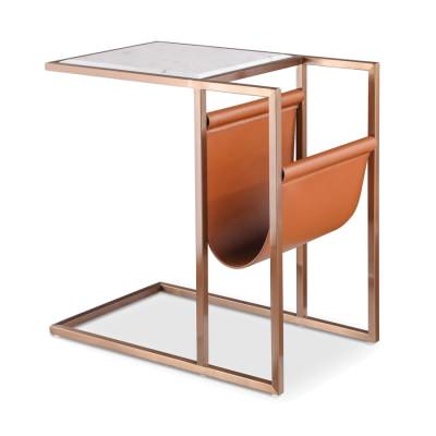 Orselli Marble & Stainless Steel C-shape Side Table with Microfiber Leather Magazine Rack