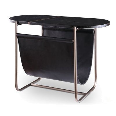 Valtique Marble & Stainless Steel C-shape Side Table with Microfiber Leather Magazine Rack