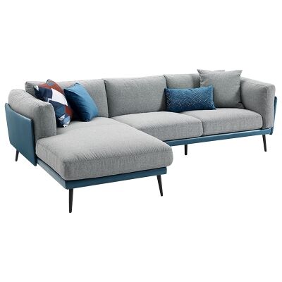 Nia Fabric & Faux Leather Corner Sofa, 3 Seater with LHF Chaise, Blue / Light Grey