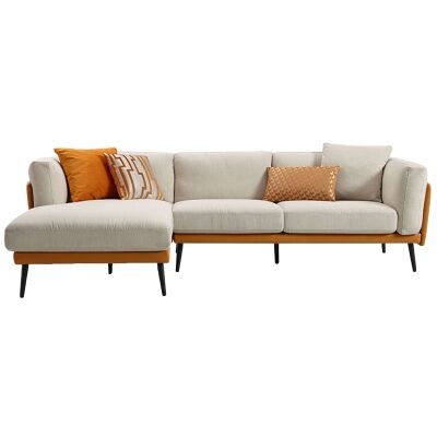 Nia Fabric & Faux Leather Corner Sofa, 3 Seater with LHF Chaise, Orange / Beige