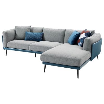 Nia Fabric & Faux Leather Corner Sofa, 3 Seater with RHF Chaise, Blue / Light Grey