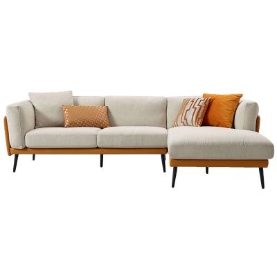 Nia Fabric & Faux Leather Corner Sofa, 3 Seater with RHF Chaise, Orange / Beige