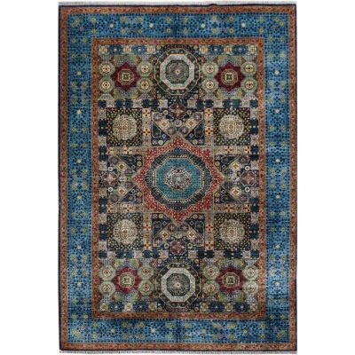 One of A Kind Aya Hand Knotted Wool Afghan Mamluk  Rug, 300x203cm, Blue / Yellow