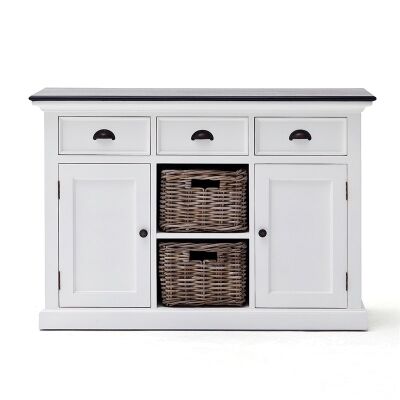 Halifax Contrast Mahogany Timber 2 Door 3 Drawer Buffet Table with 2 Rattan Baskets, 125cm, Black / White