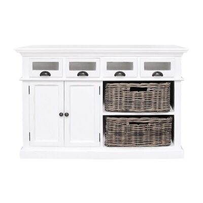 Halifax Mahogany Timber 2 Door 4 Drawer Buffet Table with 2 Rattan Baskets, 125cm