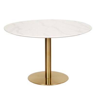 Oaklee Marble Effect Round Dining Table, 120cm, White Agaria / Gold