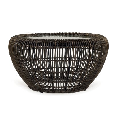 Rolen Glass Topped Metal Round Outdoor Coffee Table, 80cm, Black / Espresso