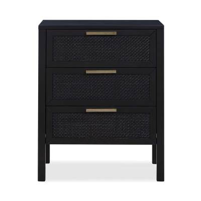 Santorini Timber & Rattan 3 Drawer Bedside Table, Black