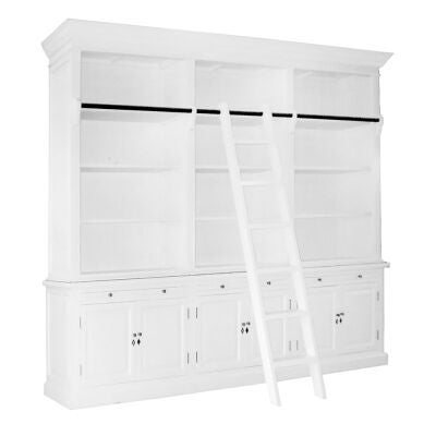 Ampuis 3-Bay Birch Timber Library Bookcase with Ladder, White