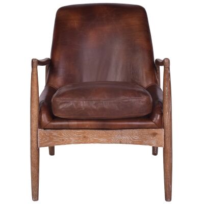 Boston Leather & Timber Armchair, Vintage Brown / Washed Cherrywood
