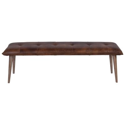 Boston Leather & Timber Dining Bench, 160cm, Vintage Brown / Washed Cherrywood