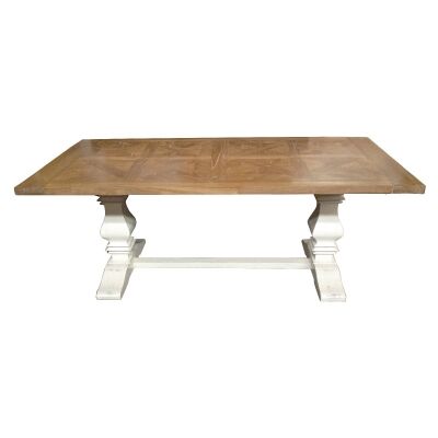 Fauchey Elm Timber Pedestal Dining Table, 200cm, Natural / Distressed White