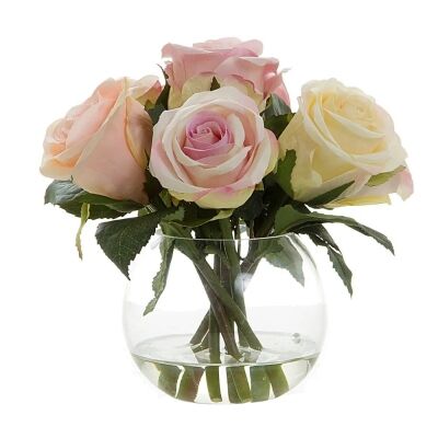 Artificial Roses in Glass Ball Vase, Pink