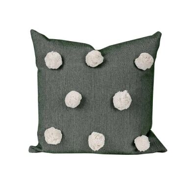 R&H Pom Pom Feather Filled Chambray Cotton Scatter Cushion, Olive