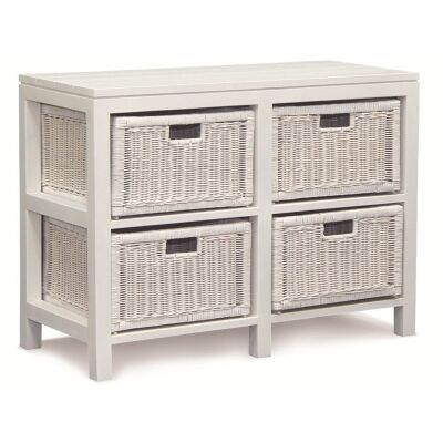 Solid Mahogany Timber Storage Unit with 4 Rattan Baskets, White