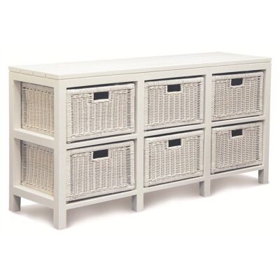 Solid Mahogany Timber Storage Unit with 6 Rattan Baskets, White