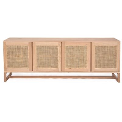 Collaroy American Oak Timber 4 Door Sideboard, Rattan Door, 200cm, Natural