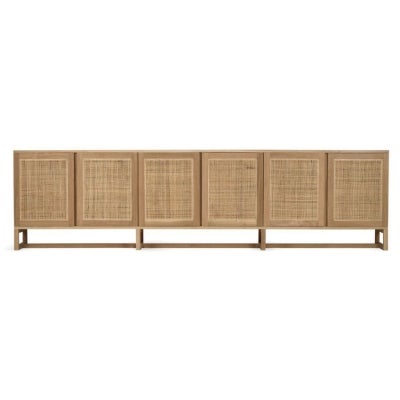 Collaroy American Oak Timber 6 Door Sideboard, Rattan Door, 300cm, Natural