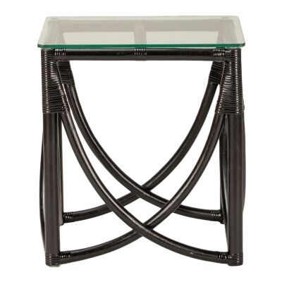Caicos Glass Topped Rattan Side Table, Black