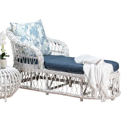 Nassau Rattan Chaise / Daybed, 160cm, White Wash / Blue Floral