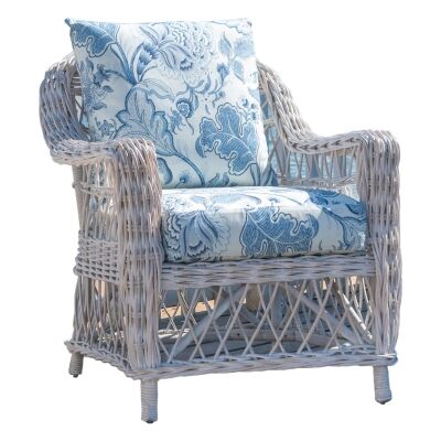 Nassau Rattan Armchair, White Wash / Blue Floral