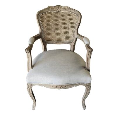 Jasie Rattan Back Oak Timber Dining Armchair with Linen Seat, Oatmeal/Weathered Oak