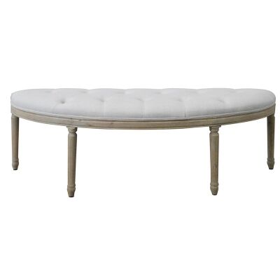 Mia Solid Oak Timber Half Moon Bench with Tufted Linen Seat