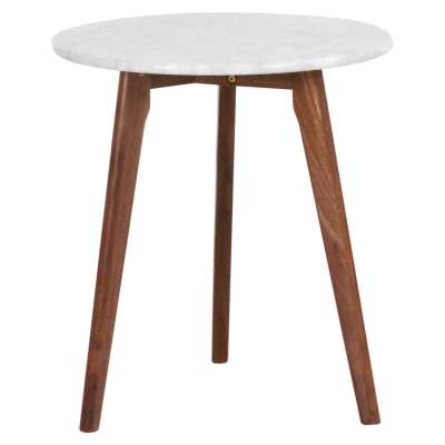 Oia Marble & Timber Round Side Table, White / Walnut