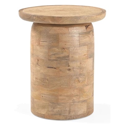 Carmia Travertine Top Timber Round Side Table, Natural