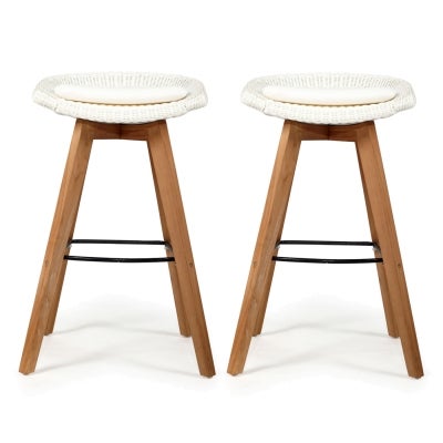 Mogo Resin Wicker & Teak Timber Backless Indoor / Outdoor Counter Stool, Set of 2, White / Natural