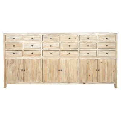 Sheraton Tomes Timber 6 Door 18 Drawer Chemist Cabinet, 220cm, Distressed Natural