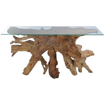 Tropica Tika Commercial Grade Glass & Reclaimed Teak Root Console Table, 140cm
