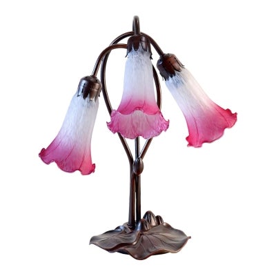 Lily Tiffany Style Stained Glass Flower Table Lamp, Triple Shade, White / Magenta