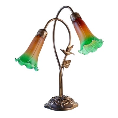 Hummingbird Lily Tiffany Style Stained Glass Flower Table Lamp, Double Shade, Amber / Green