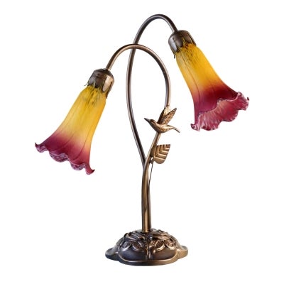 Hummingbird Lily Tiffany Style Stained Glass Flower Table Lamp, Double Shade, Orange / Wine