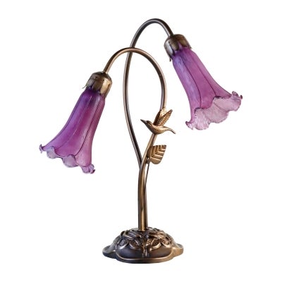 Hummingbird Lily Tiffany Style Stained Glass Flower Table Lamp, Double Shade, Purple