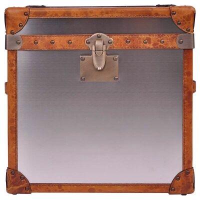 Patrick Vintage Leather and Stainless Steel Trunk Side Table