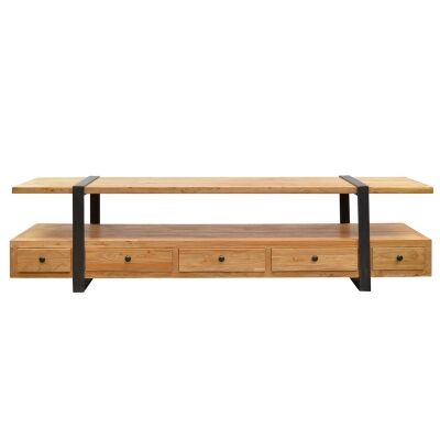 Phelan Reclaimed Elm Timber & Iron 5 Drawer Lowline TV Unit, 220cm
