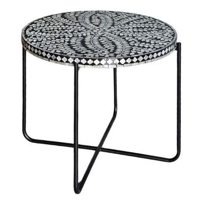 Monochrome Elegance Mother Of Pearl Inlaid Top Round Side Table
