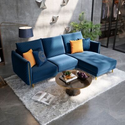 Vanessa Velour Fabric Corner Sofa, 3 Seater with RHF Chaise, Blue