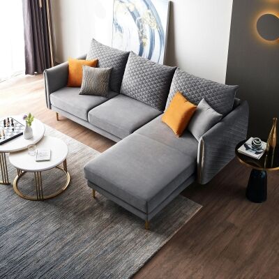 Vanessa Velour Fabric Corner Sofa, 3 Seater with RHF Chaise, Grey