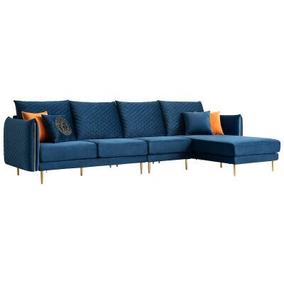 Vanessa Velour Fabric Corner Sofa, 4 Seater with RHF Chaise, Blue