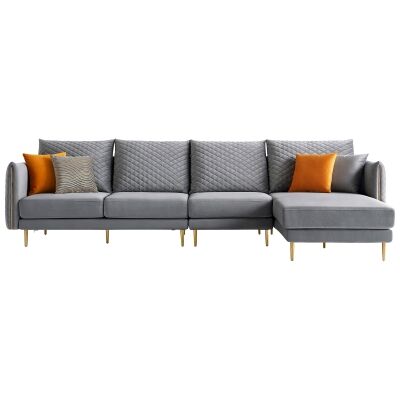 Vanessa Velour Fabric Corner Sofa, 4 Seater with RHF Chaise, Grey