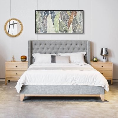 Calmor Fabric Bed with Tufted Bedhead, Double, Light Grey